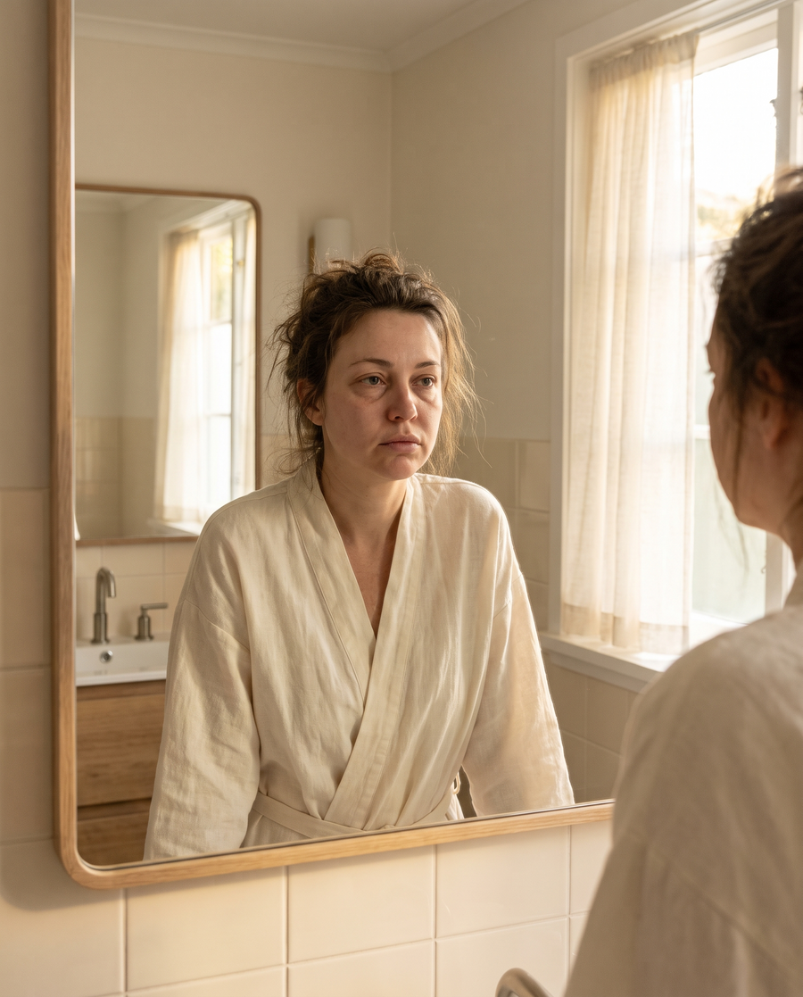 Femme fatiguée devant son miroir le matin