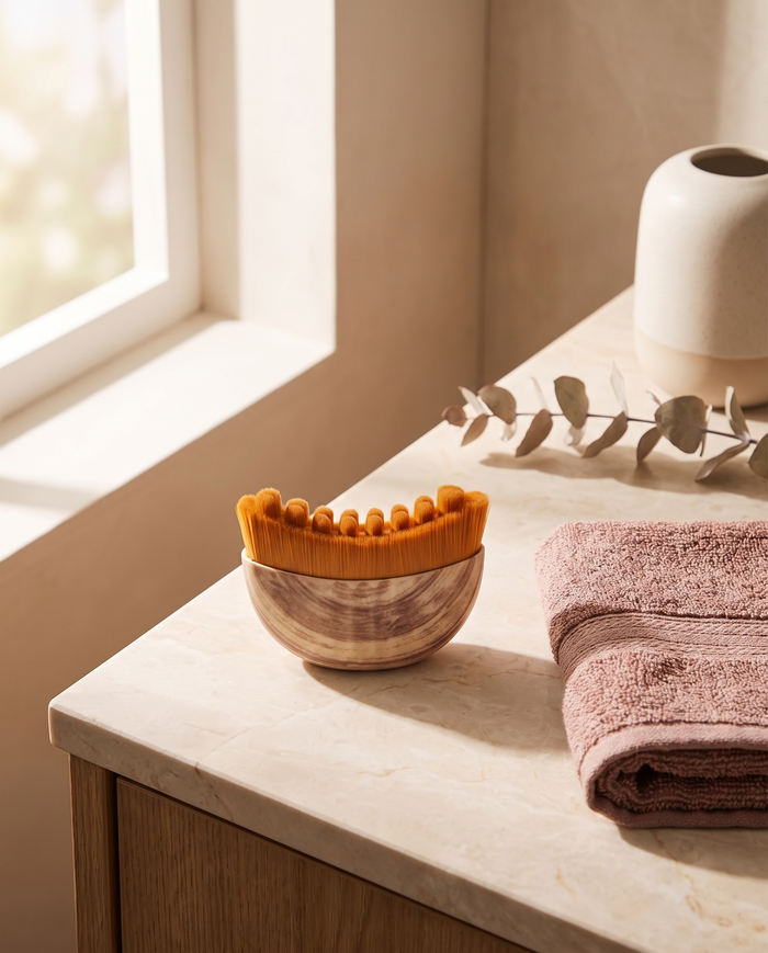 Brosse Effleur posée sur le lavabo