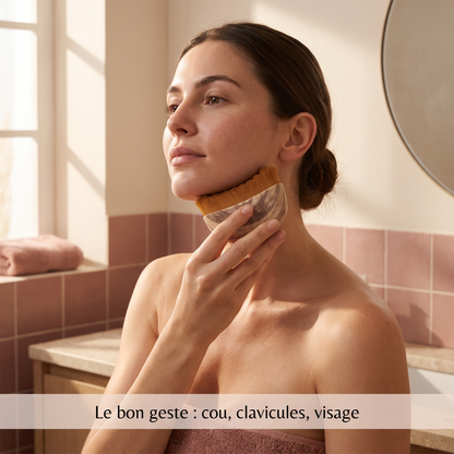 Le bon geste avec la brosse Effleur : cou, clavicules, visage