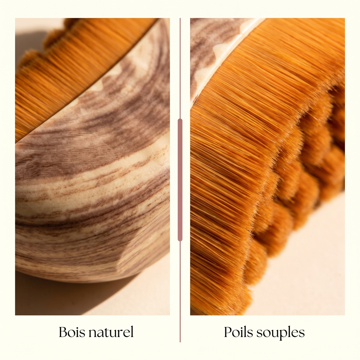 Gros plan sur le bois naturel et les poils souples de la brosse Effleur
