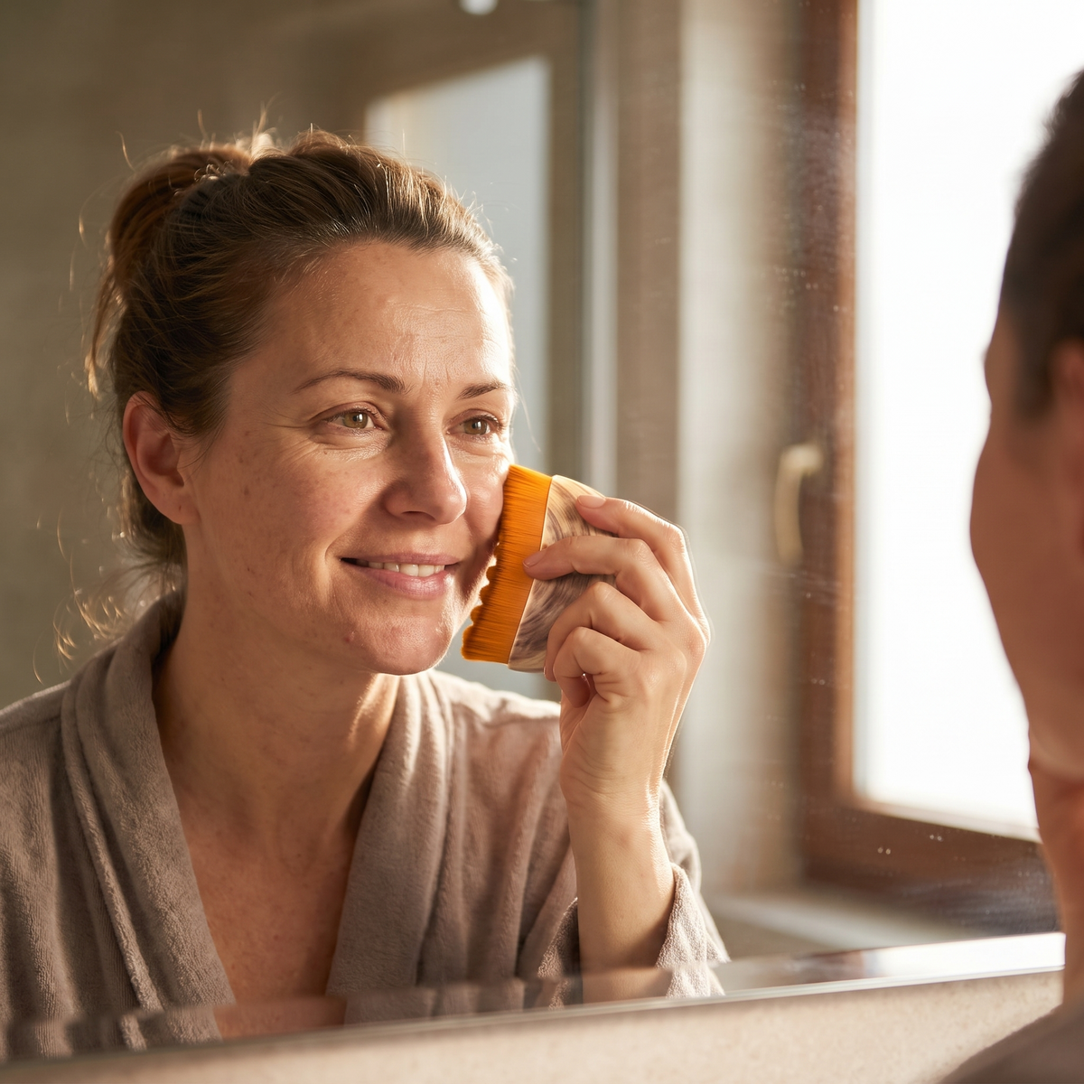 Femme devant son miroir utilisant la brosse Effleur